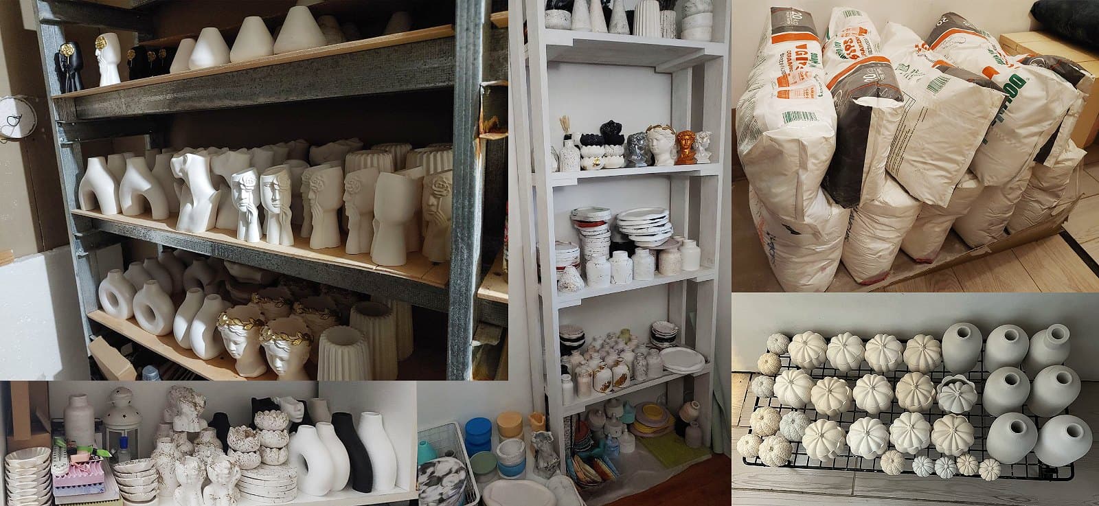 Фото стелажів, де зберігається готова продукція Щаслива Качка а також мішків з гіпсовим порошком для виробництва гіпсових виробів.