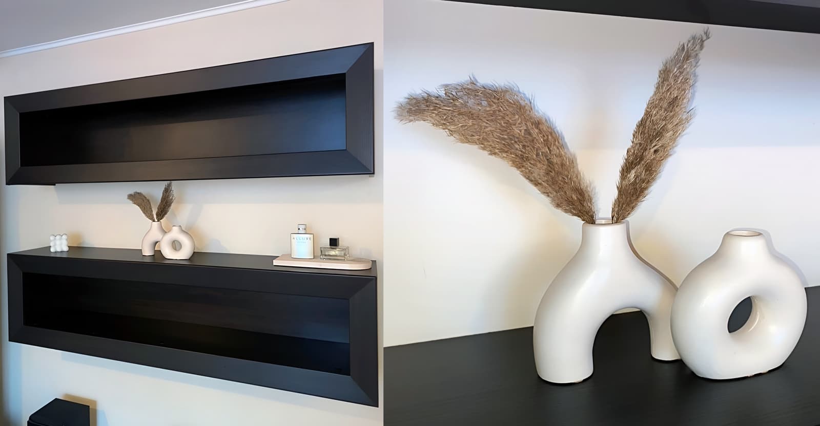 Вази та таця в персиковому кольорі для чорної підвісної тумби