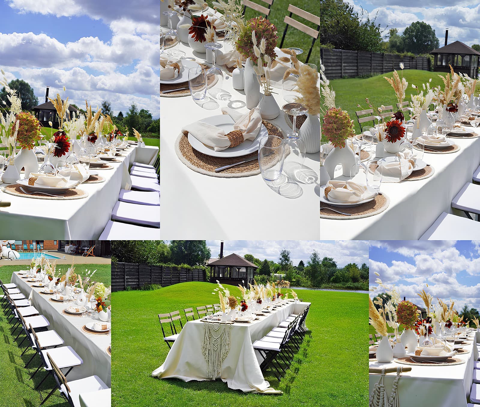 Весільний стіл з білими гіпсовими вазами та букетами на галявині