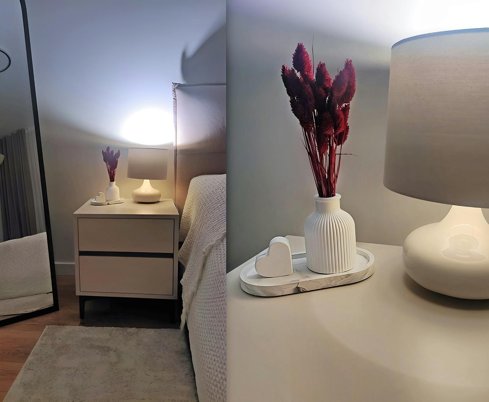 Біла гіпсова ваза з бордовими сухоцвітами: затишок для спальні